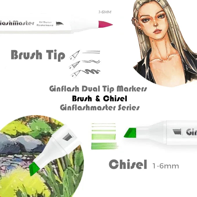 Ginflash Soft Brush And Chisel Art Markers Alcohol Based