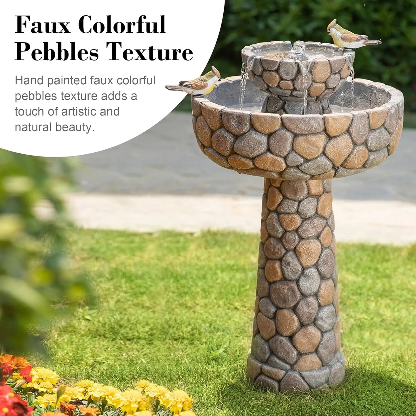 Tier Stone Outdoor Water Fountain with Birds and Bird Bath