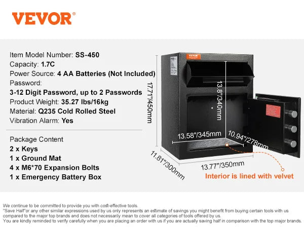 VEVOR 1.7 Cubic Foot Electronic Deposit Safe with Drop Slot