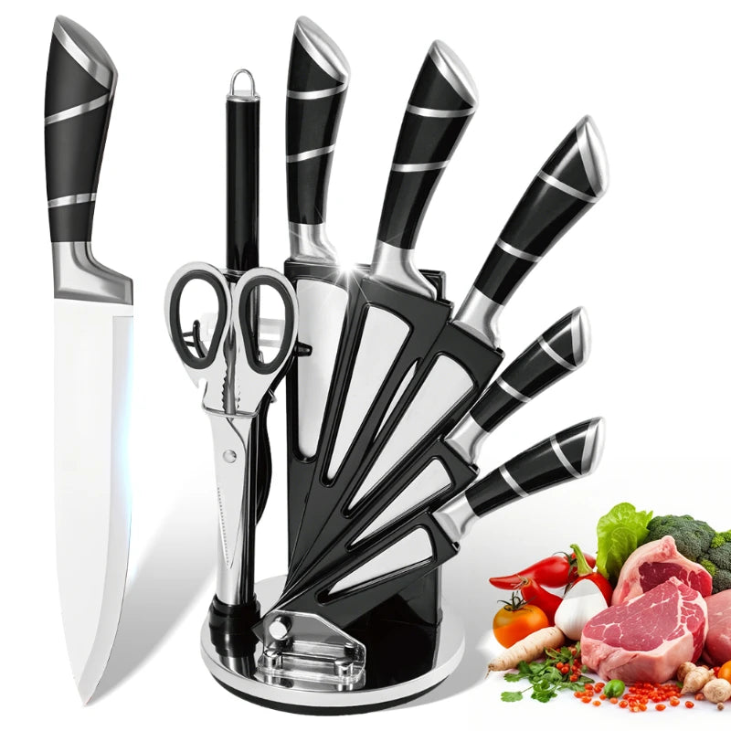 Stainless Steel Kitchen Knife Set 9 Pieces with Sharpener