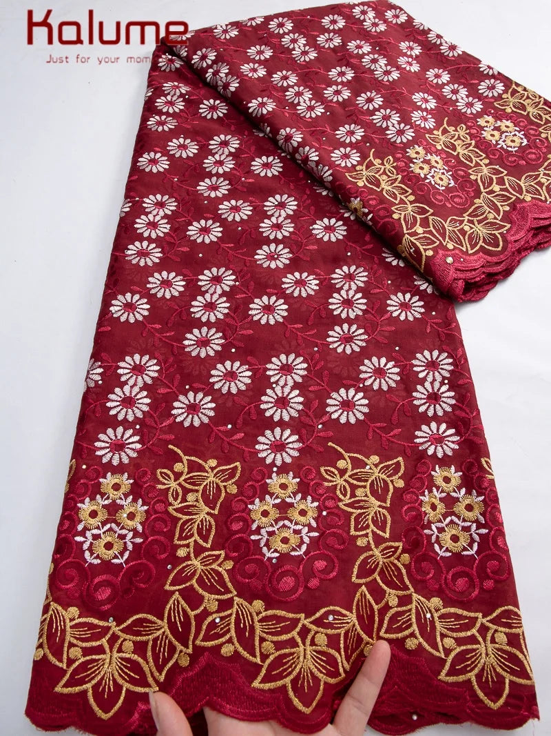 Kalume African Cotton Embroidered Lace Fabric With Stones