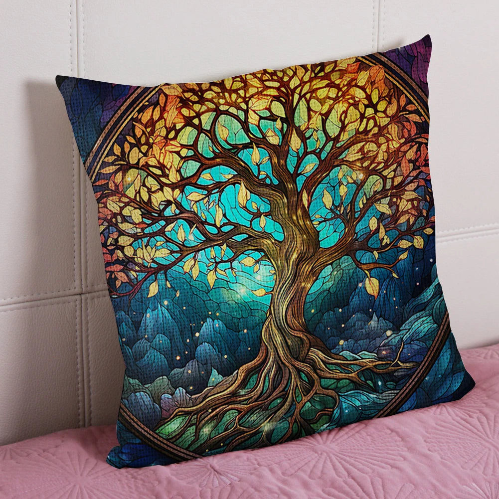 17.72 x 17.72 Inch Tree of Life Cross Stitch Pillow Kit Cotton Cushion Embroidery Kit for Adults and Beginners