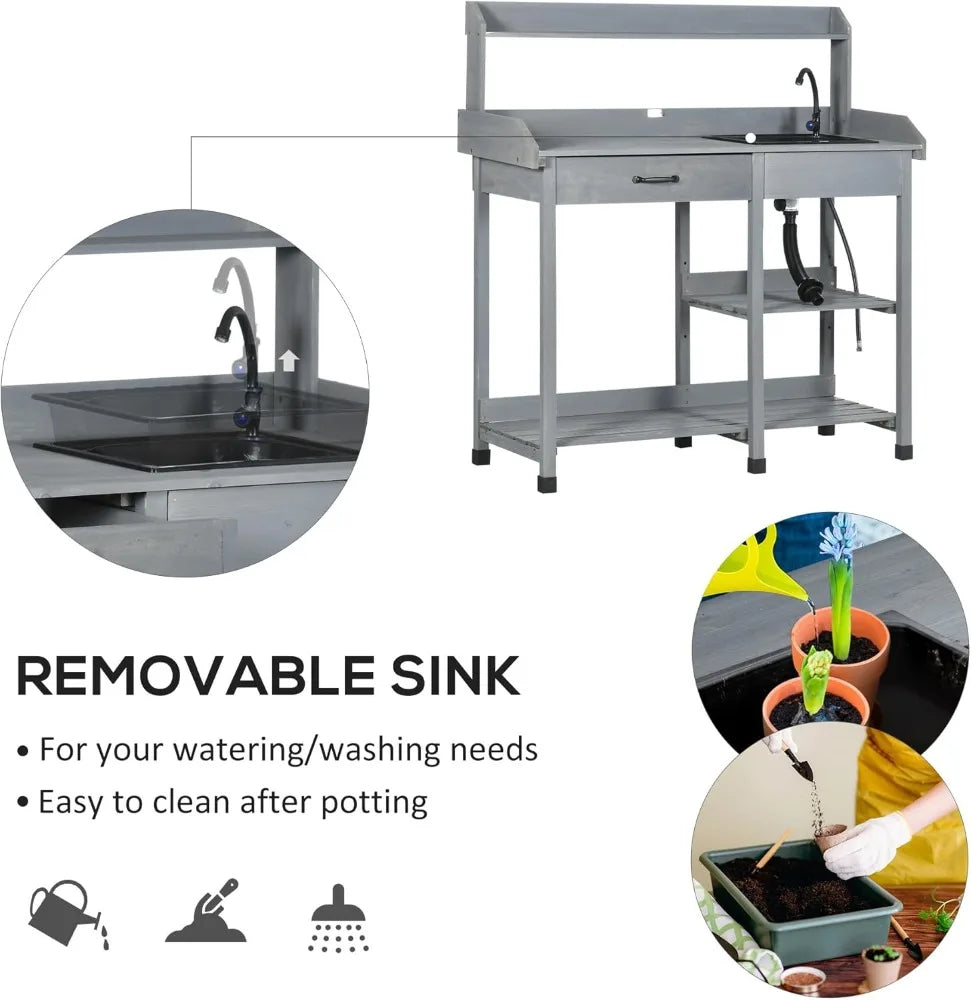 Wooden Outdoor Potting Bench Table with Removable Sink