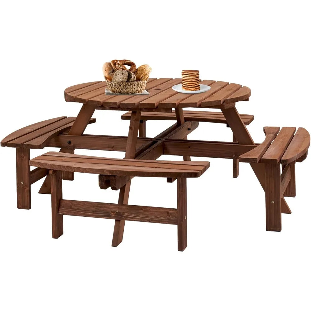 8 Person Round Wooden Picnic Table with 4 Built-in Benches