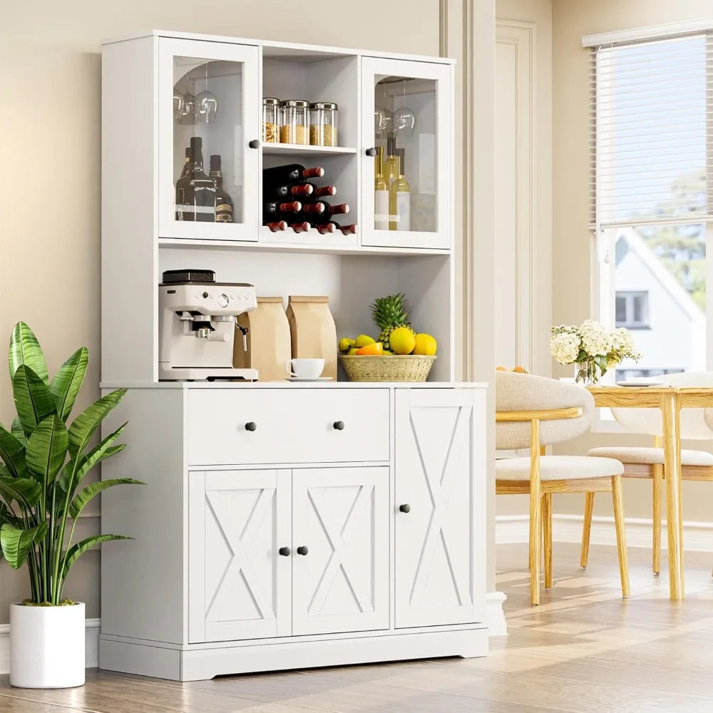 Tall Kitchen Pantry Cabinet with Microwave Stand and Wine Rack