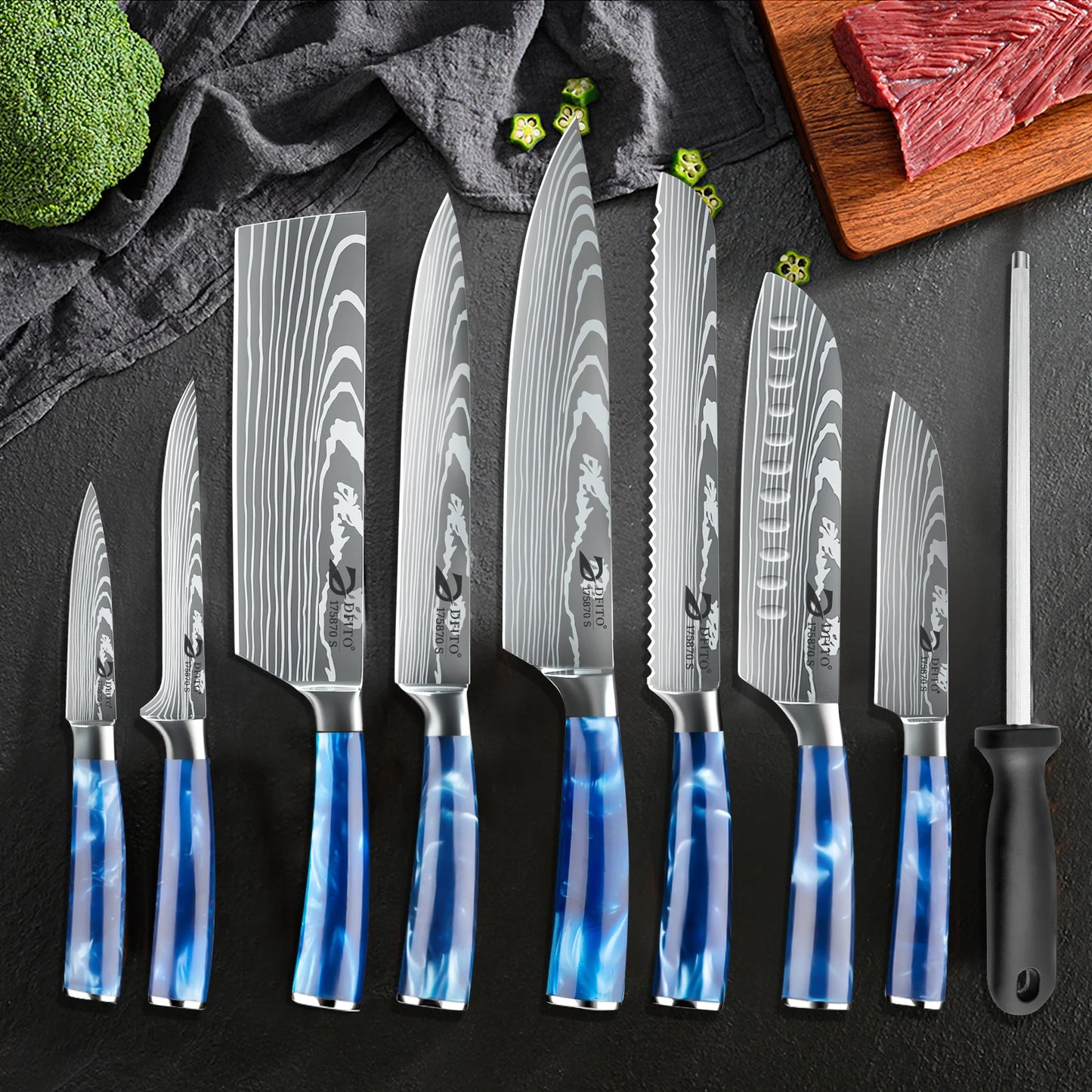8 Piece Chef Knife Set with Utility Boning Cleaver and Santoku