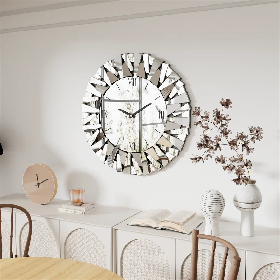 Combination 3D Mirrored Sunburst Wall Clock Round Modern