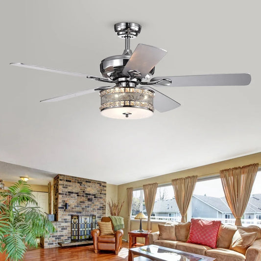 XMSJ Chrome Crystal Ceiling Fan With Three Light Drum Lamp