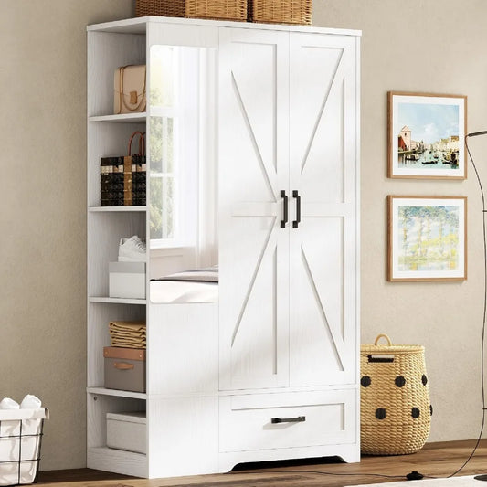 XMSJ Wooden Armoire Wardrobe With Mirror And Drawer
