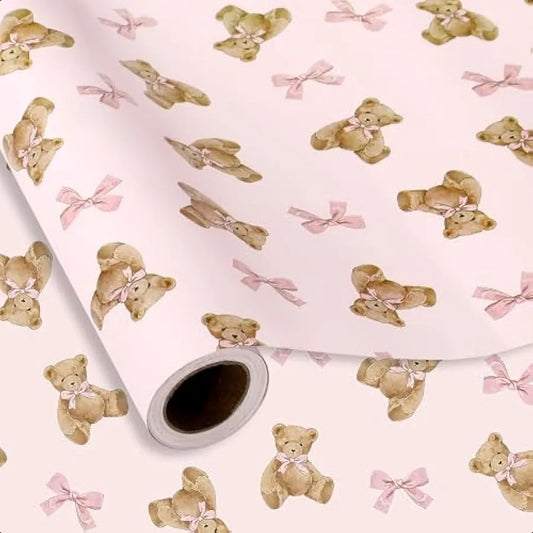 Pink Bow Bear Gift Wrap Paper Mini Roll 17 Inch x 32.8 Ft