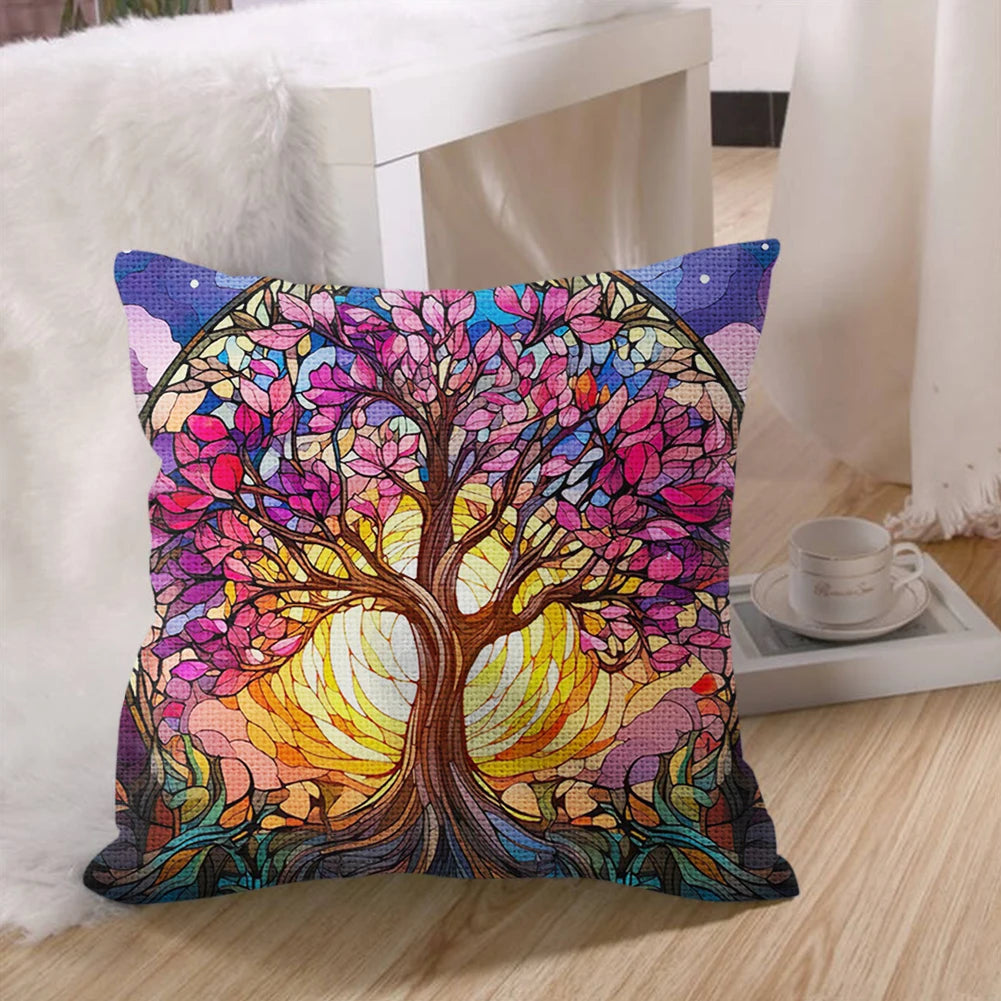 17.72 x 17.72 Inch Tree of Life Cross Stitch Pillow Kit Cotton Cushion Embroidery Kit for Adults and Beginners