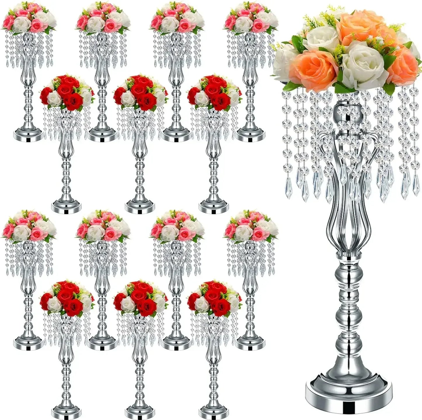 16 Pcs Wedding Centerpieces with Chandelier Crystal Tall Flower Vases for Party Home Decoration