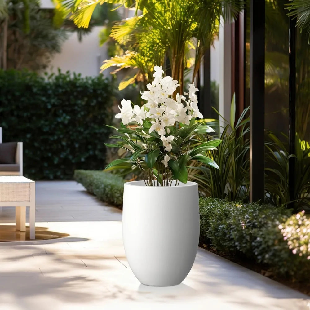 Kante Snow White Concrete Tall Planter with Drainage Hole