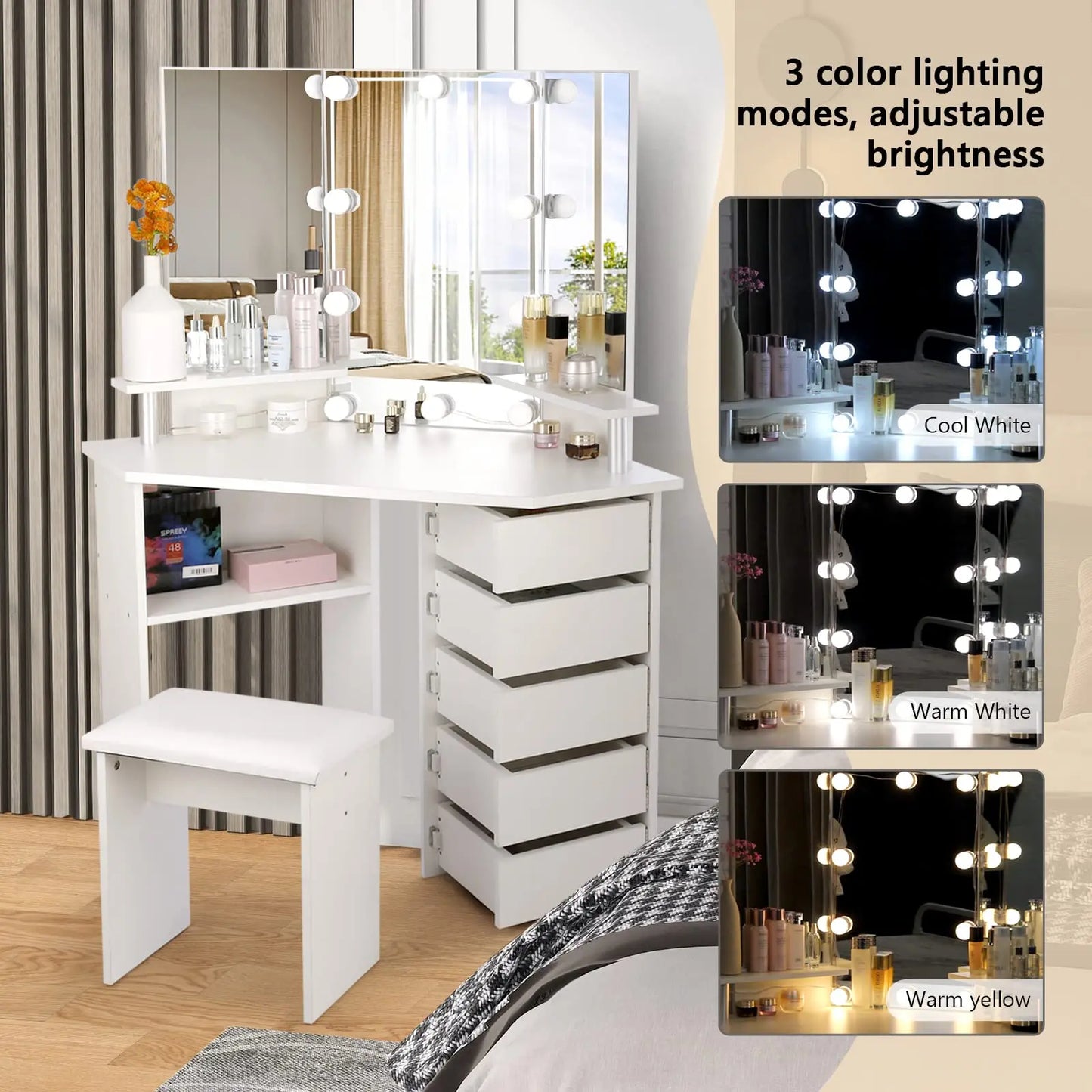 VOWNER Vanity With Lights And Mirror Makeup Table Stool
