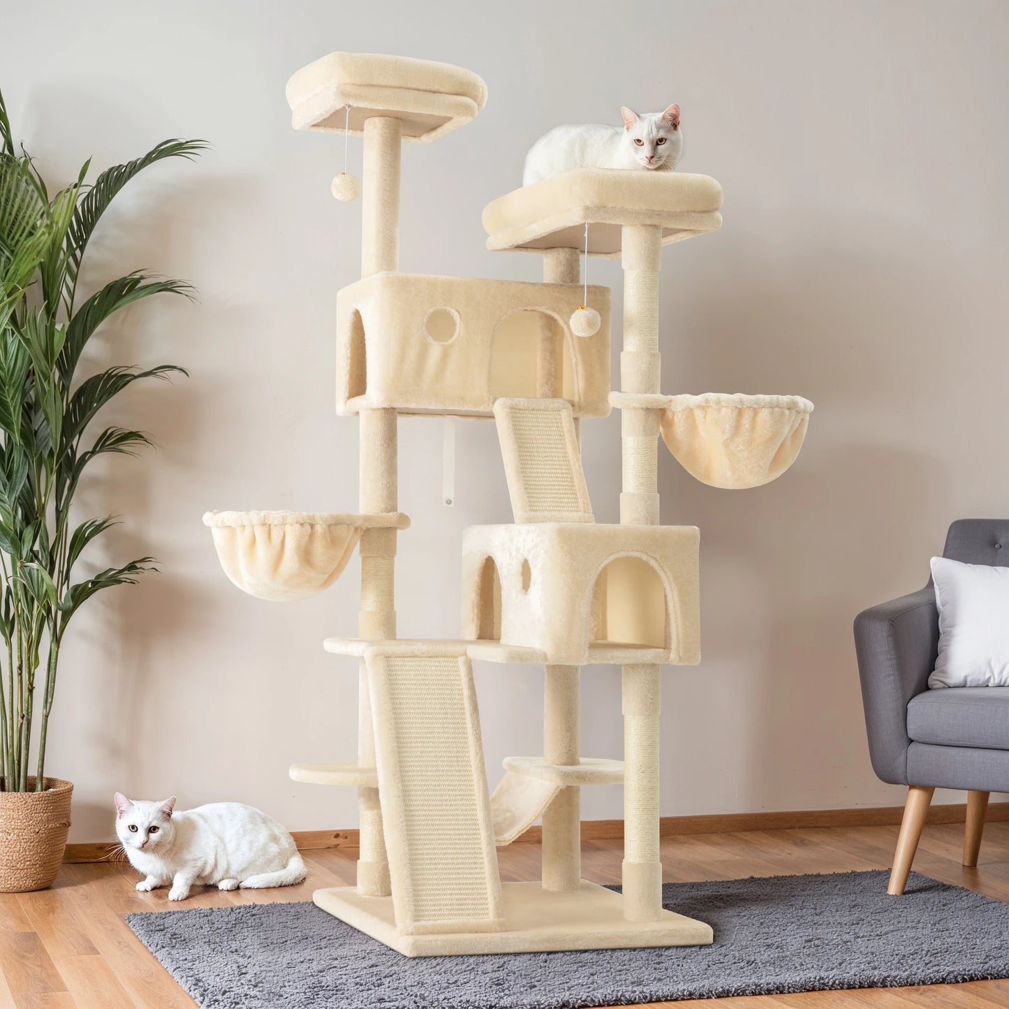 Hoomic 65 Inch Multi Level Large Cat Tree Tower Cozy Plush Cat Perches Cat Condo with Baskets Sisal Scratching Post