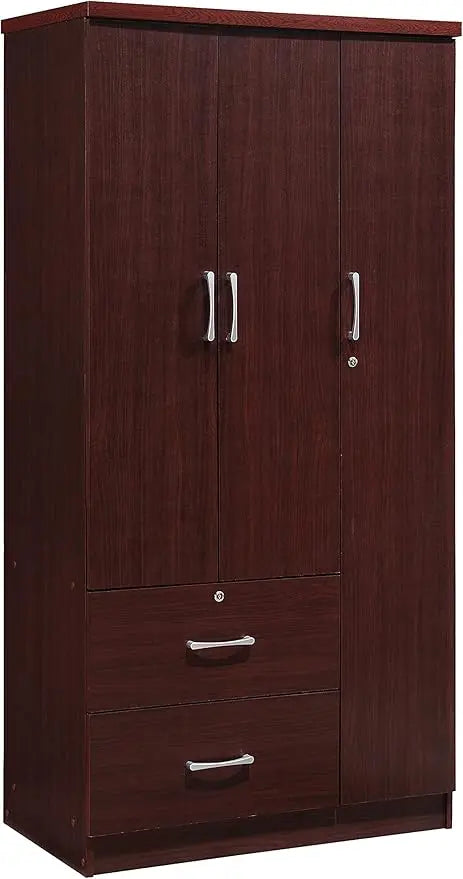 Mahogany 3-Door Armoire with 2 Drawers and 3 Shelves