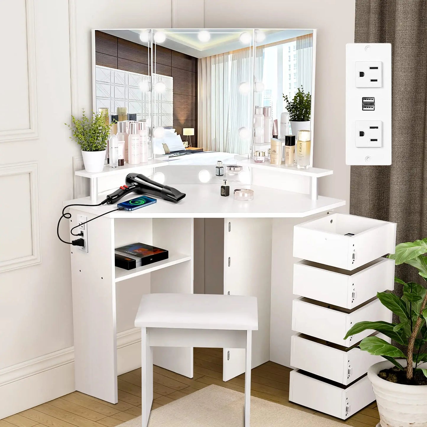 VOWNER Vanity With Lights And Mirror Makeup Table Stool