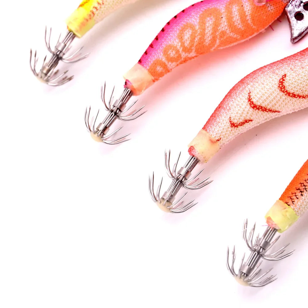 Four Pcs Prawn Lure Wood Baits Squid Jig Fishing Lures