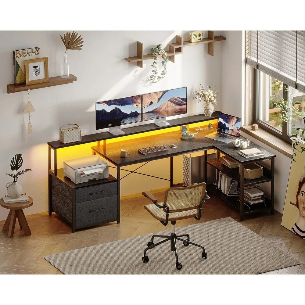 L Shaped Desk with File Drawer and Power Outlet for Home Office