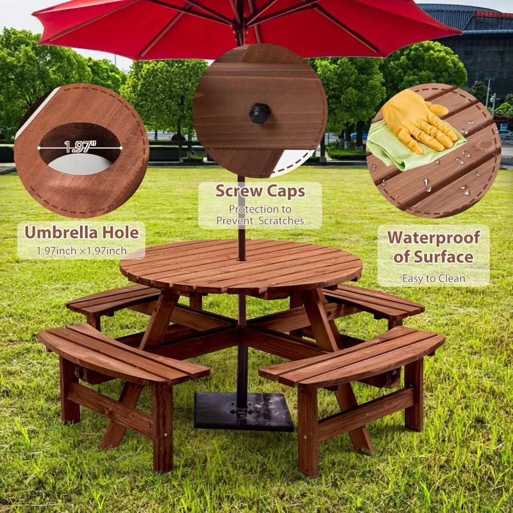 8 Person Round Wooden Picnic Table with 4 Built-in Benches