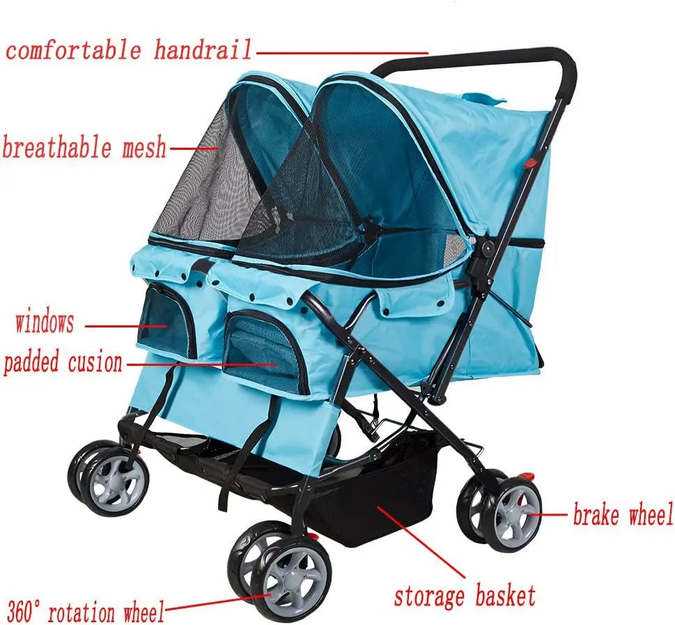 Foldable Double Pet Stroller for Dogs and Cats with 4 Wheels