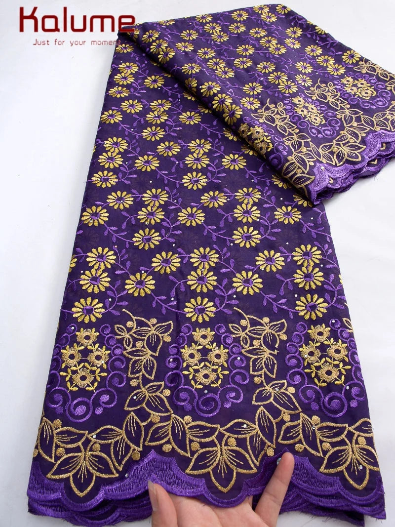 Kalume African Cotton Embroidered Lace Fabric With Stones
