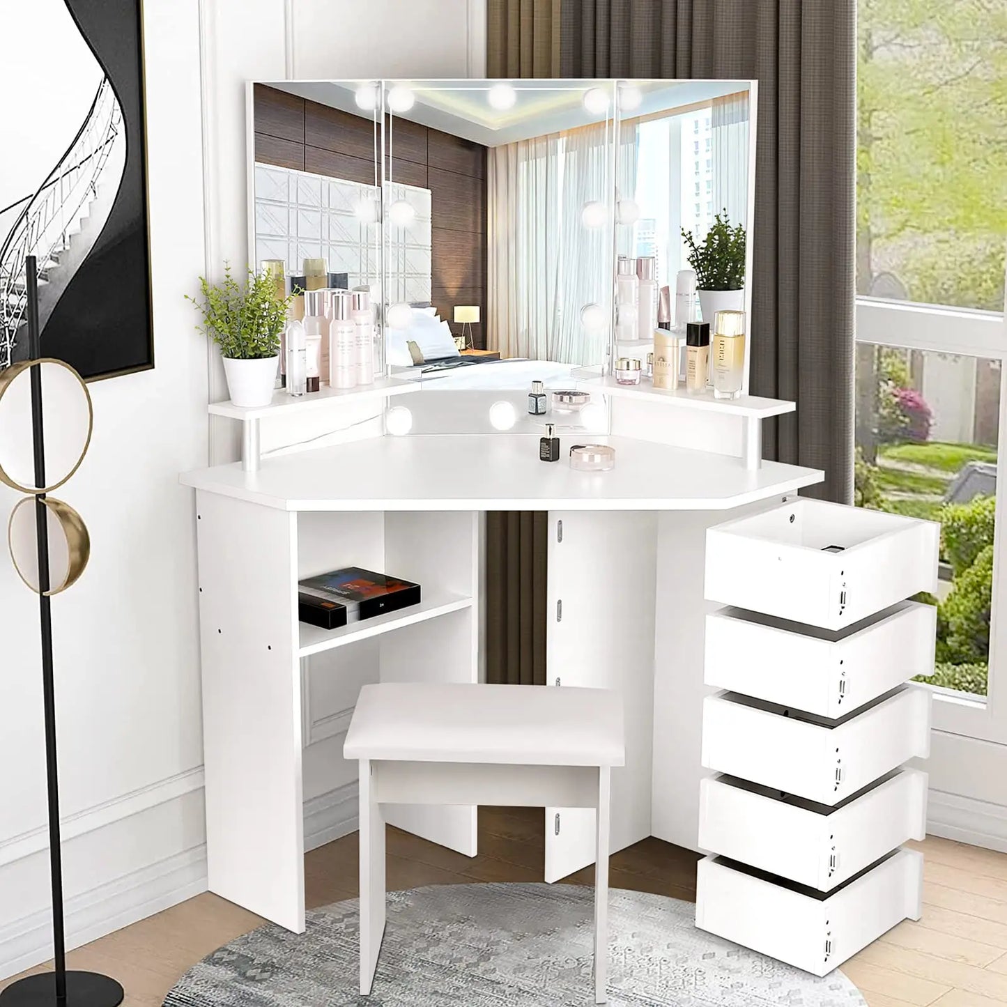 VOWNER Vanity With Lights And Mirror Makeup Table Stool