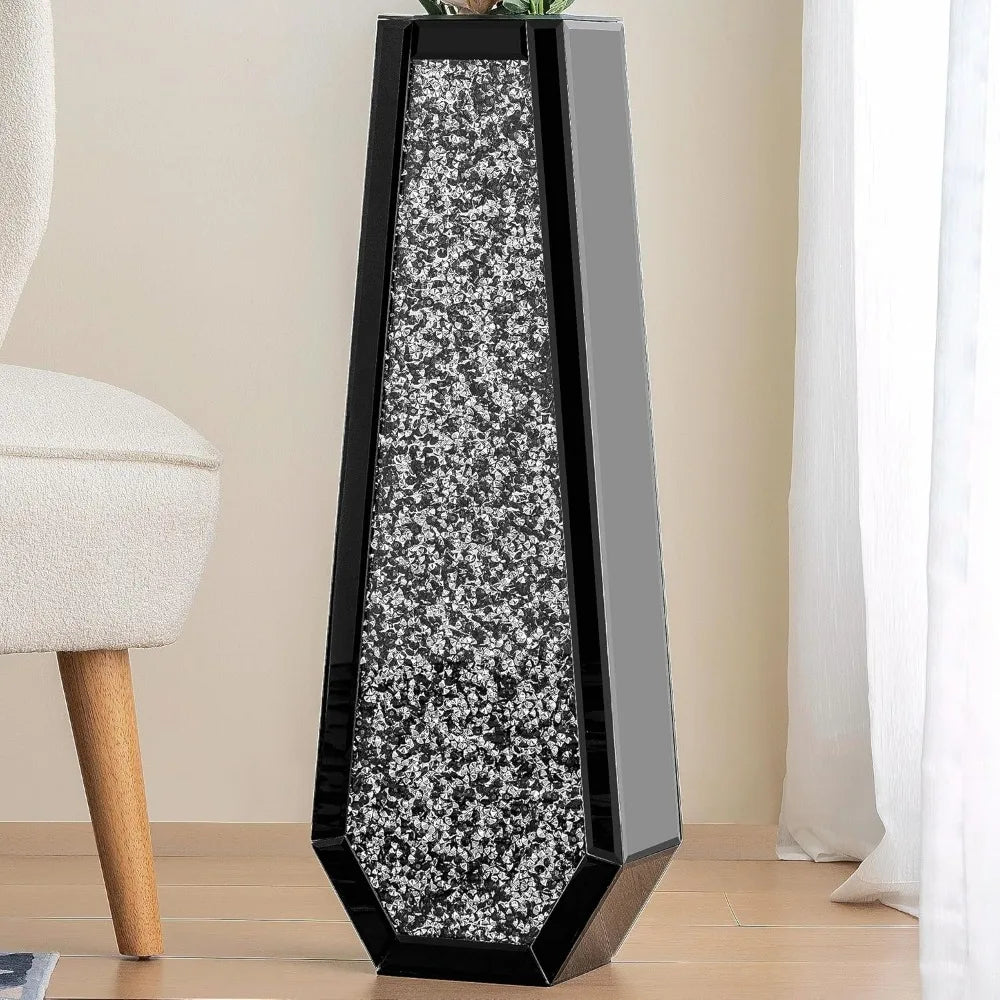 30 Inch Tall Black Crushed Diamond Floor Vase for Modern Decor