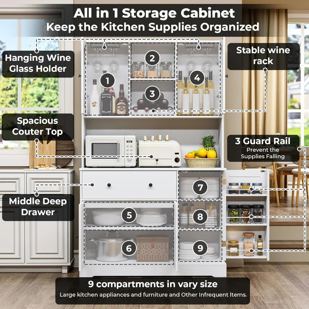 Tall Kitchen Pantry Cabinet with Microwave Stand and Wine Rack