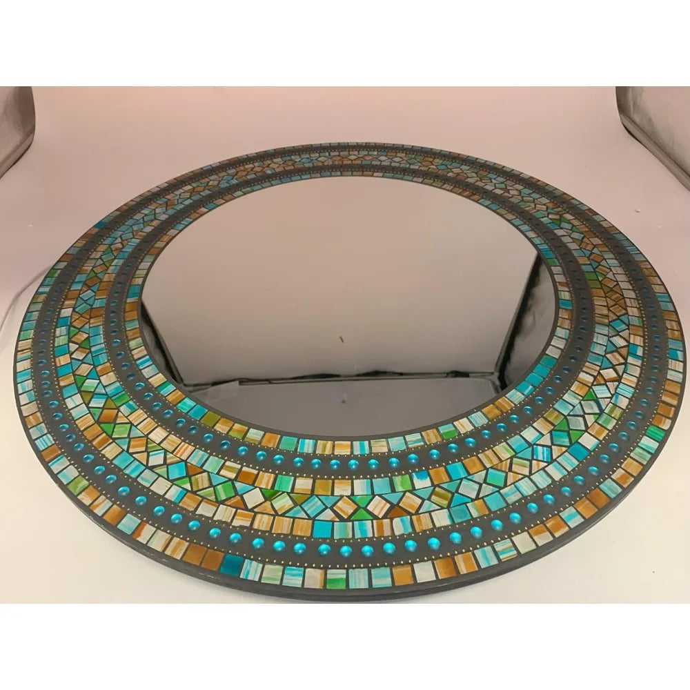 Handcrafted Turquoise Mosaic Round Wall Mirror by NoEnName_Null