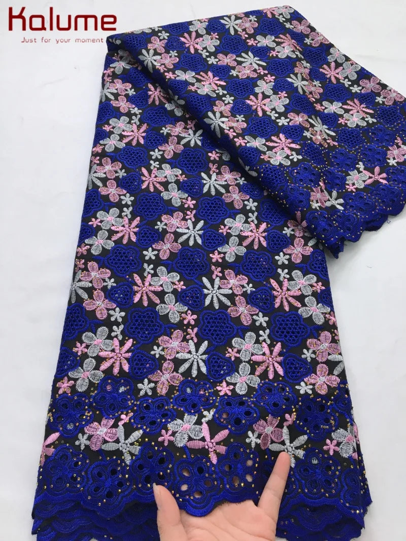 Kalume African Cotton Embroidered Lace Fabric With Stones