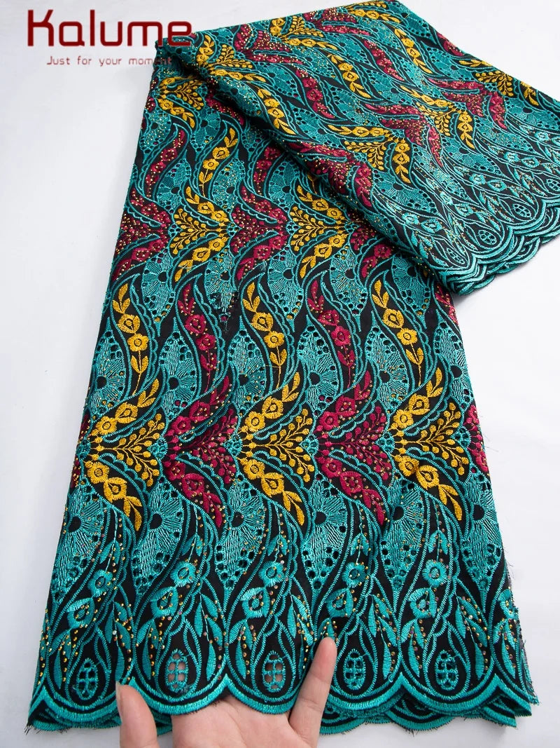 Kalume African Cotton Embroidered Lace Fabric With Stones
