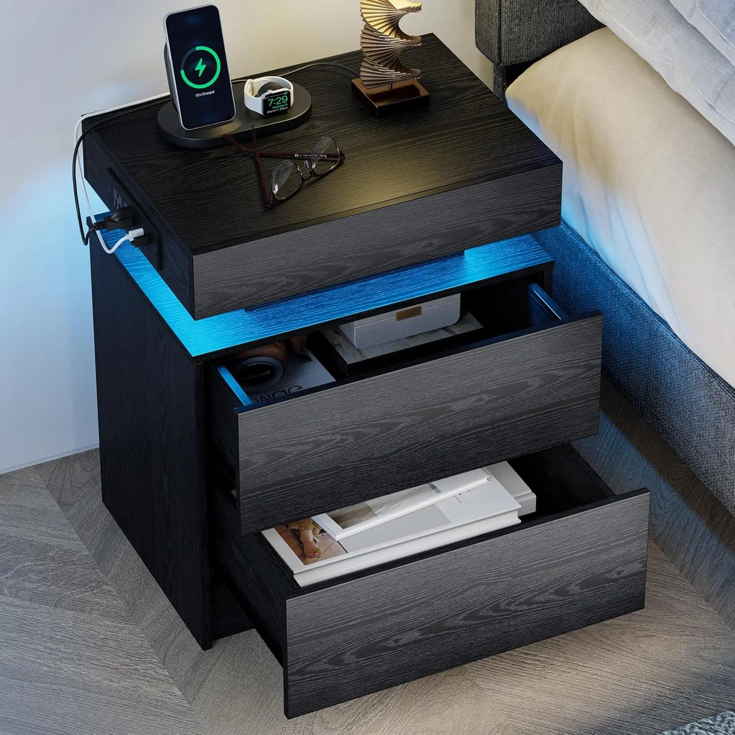 Modern Black Bedside Table with Charging Station and LED Lights