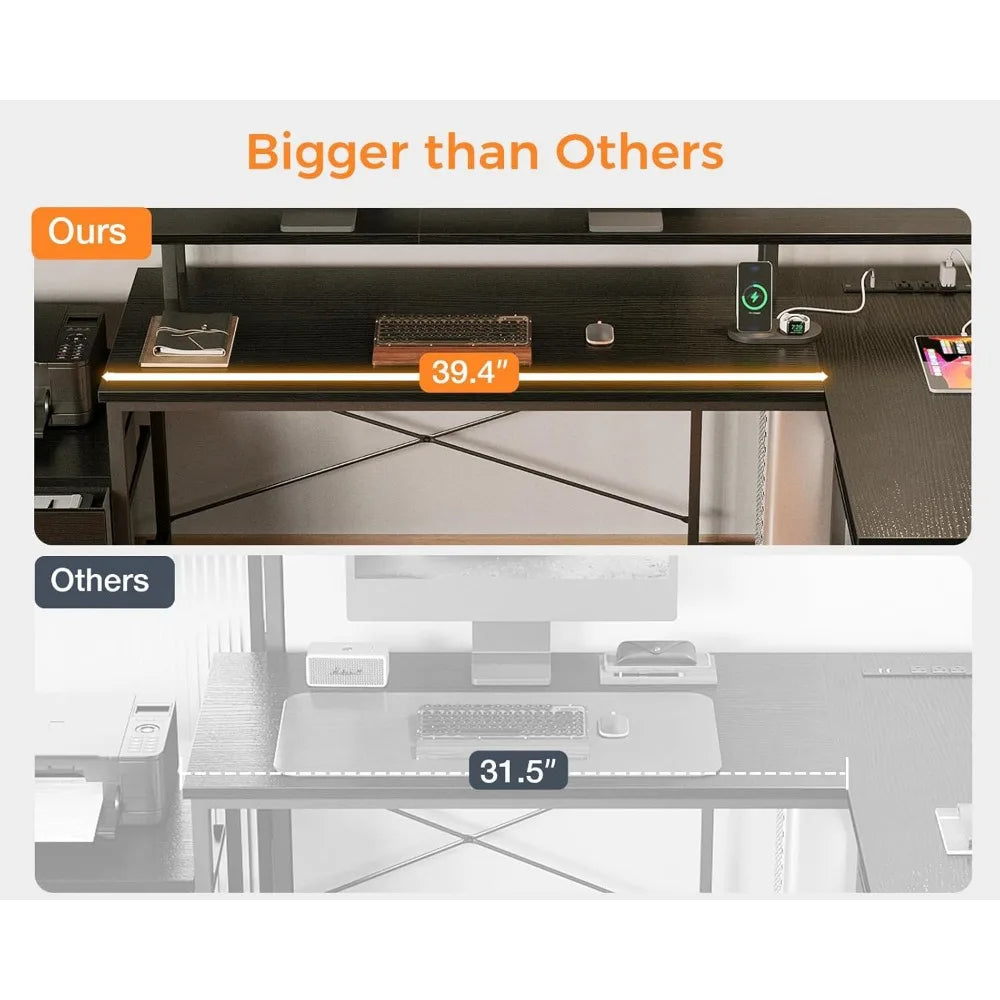 L Shaped Desk with File Drawer and Power Outlet for Home Office