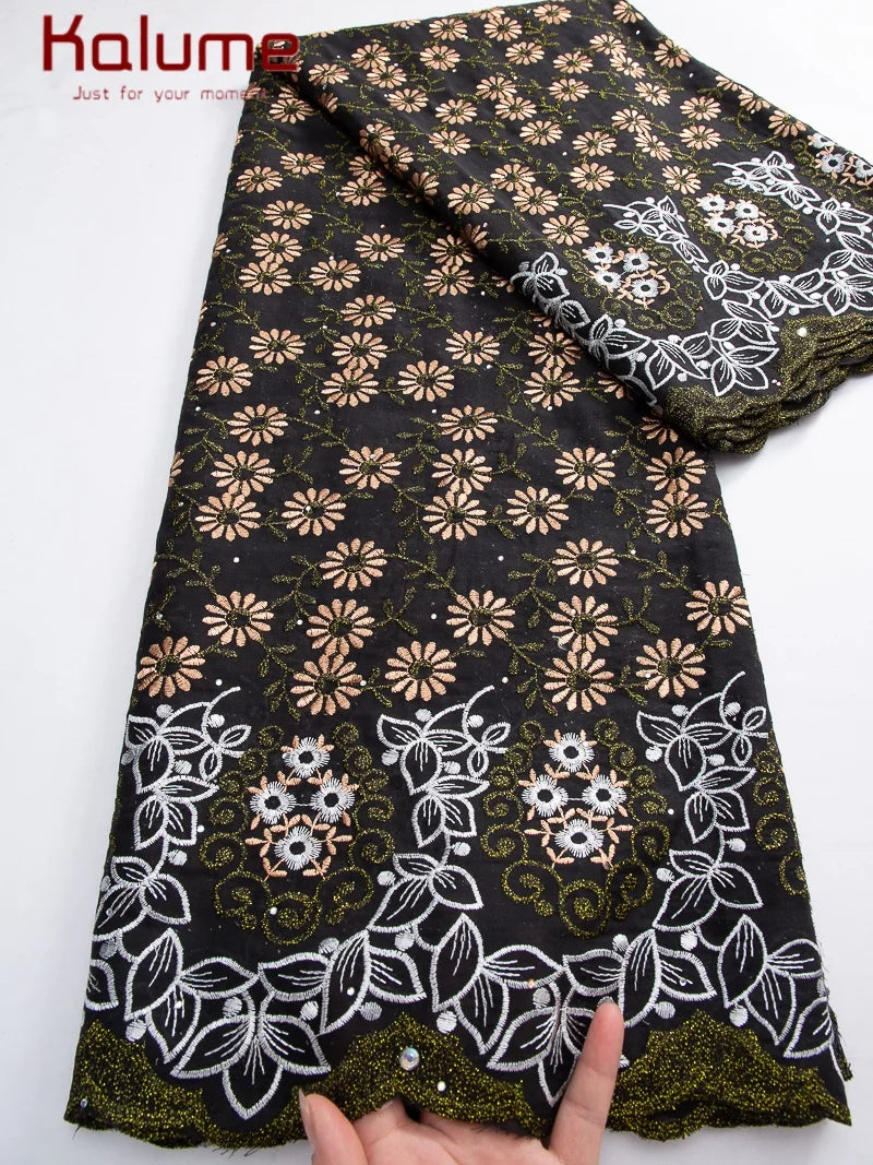 Kalume African Cotton Embroidered Lace Fabric With Stones