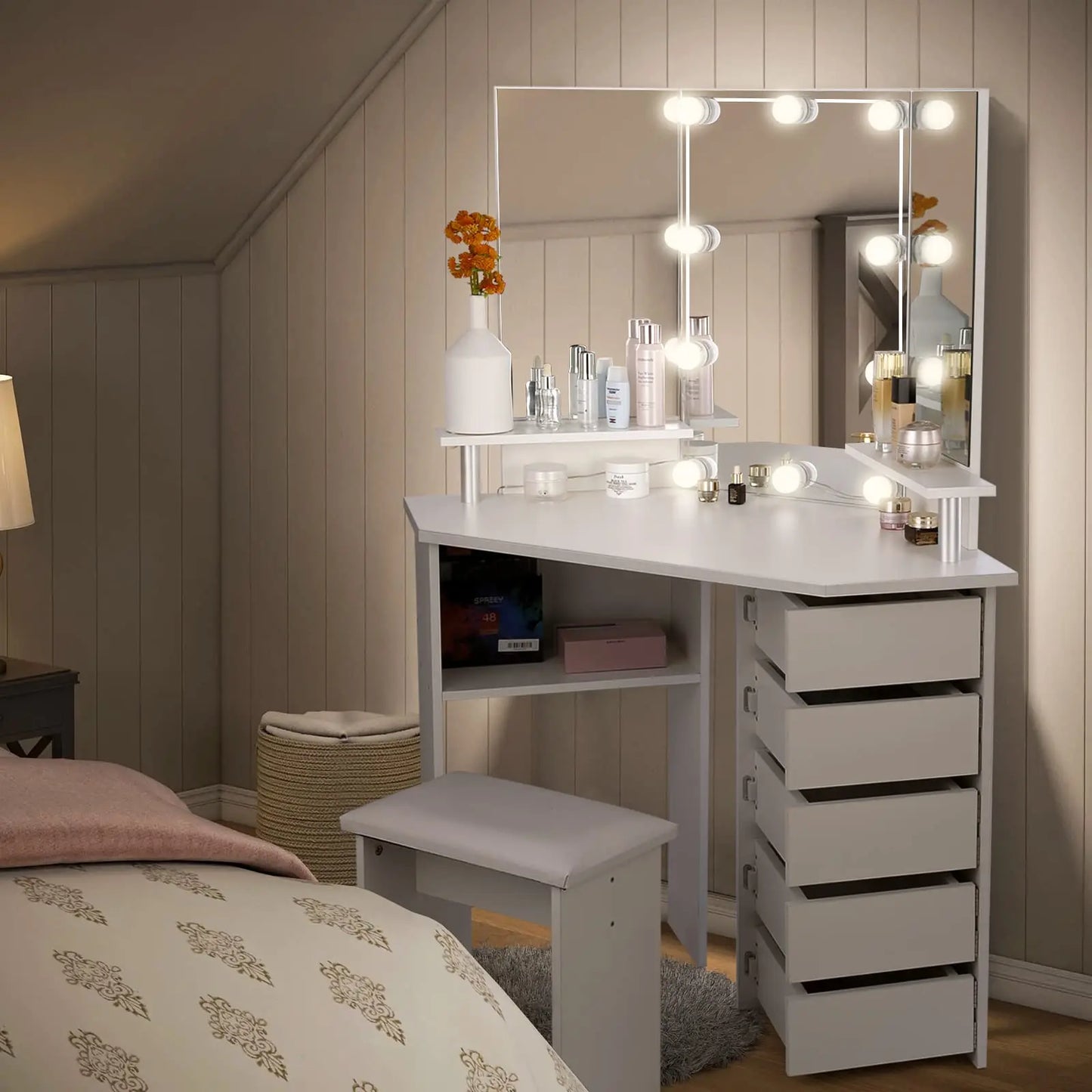 VOWNER Vanity With Lights And Mirror Makeup Table Stool