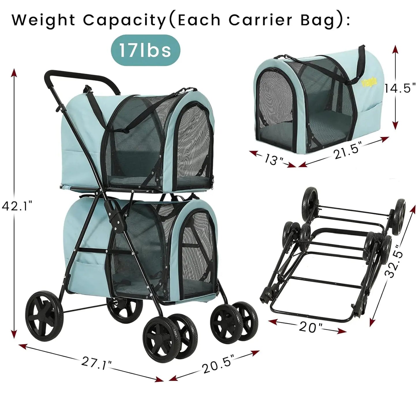 4 in 1 Double Pet Stroller for Dogs and Cats with Detachable Carriers