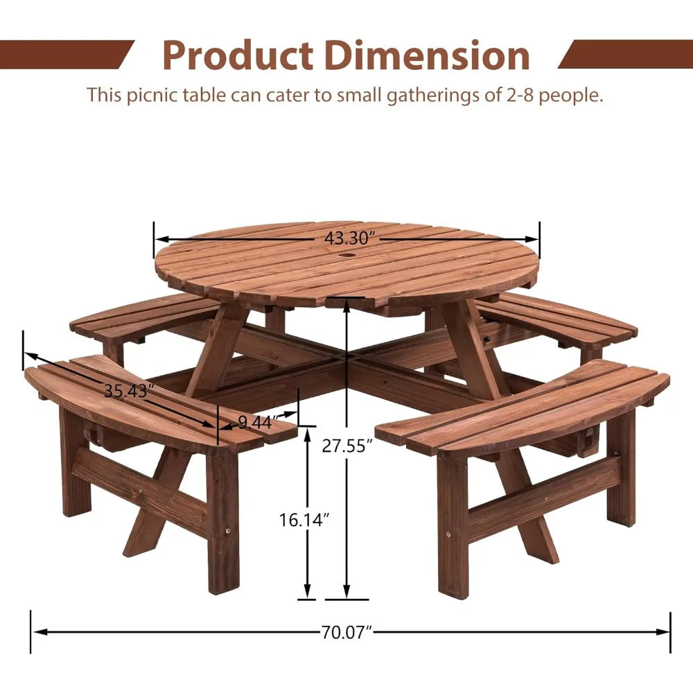 8 Person Round Wooden Picnic Table with 4 Built-in Benches