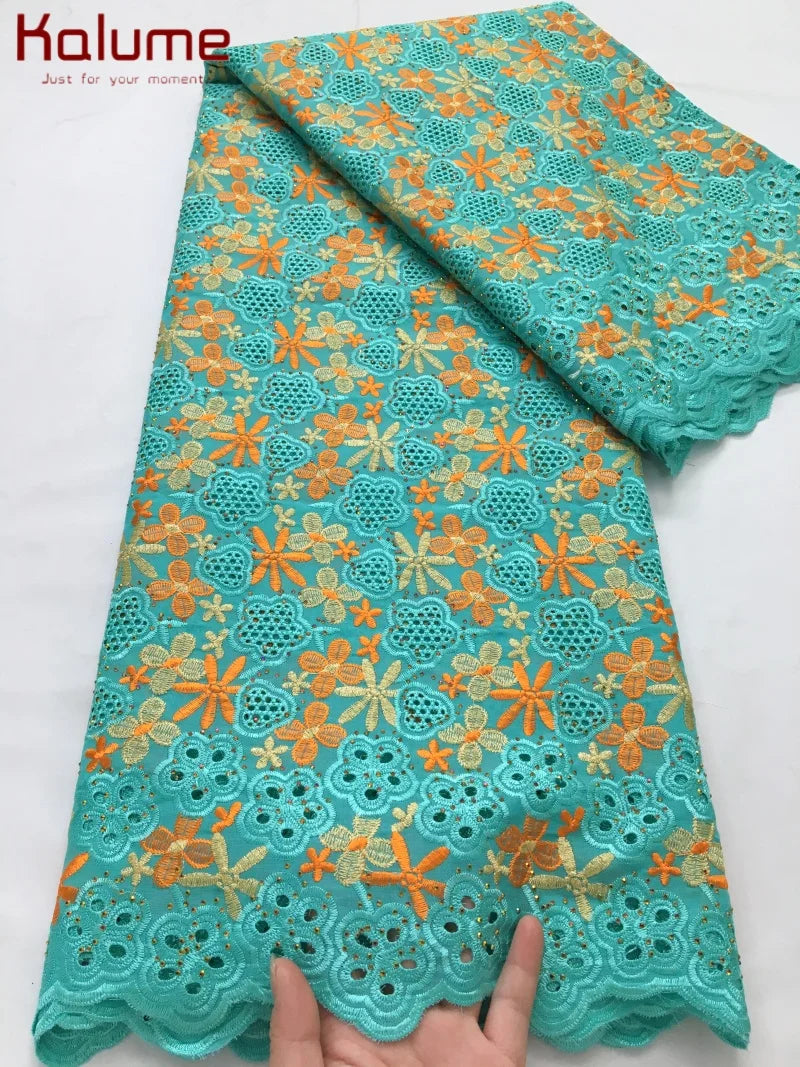 Kalume African Cotton Embroidered Lace Fabric With Stones