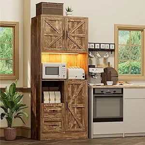Tall Kitchen Pantry Cabinet with Microwave Stand and Wine Rack