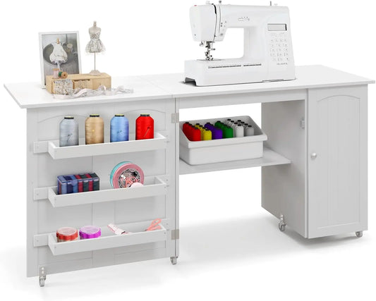 Foldable Sewing Machine Table with Storage and Lockable Casters