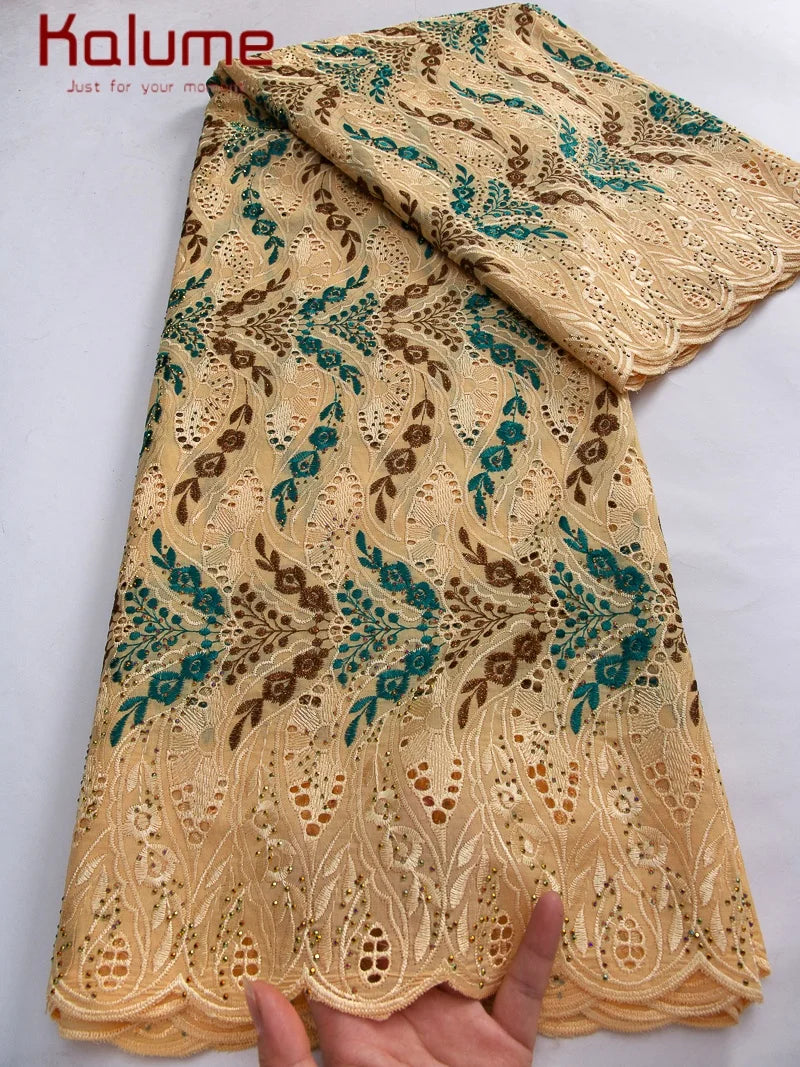 Kalume African Cotton Embroidered Lace Fabric With Stones