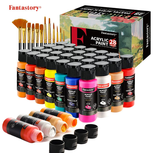 Fantastory 28 Color Acrylic Paint Set With 12 Brushes