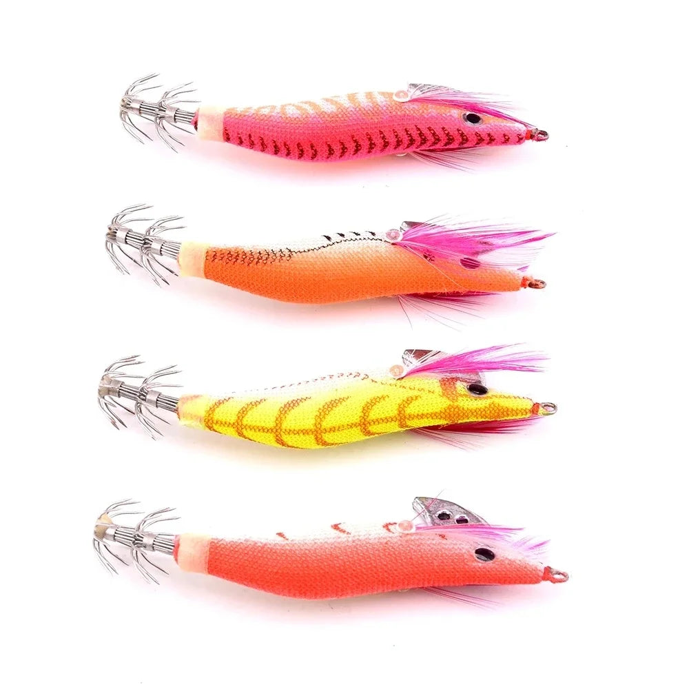 Four Pcs Prawn Lure Wood Baits Squid Jig Fishing Lures