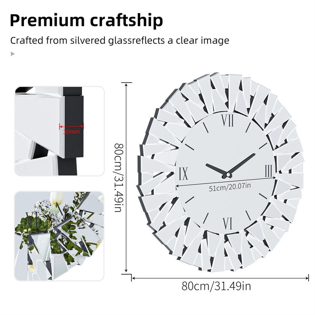 Combination 3D Mirrored Sunburst Wall Clock Round Modern
