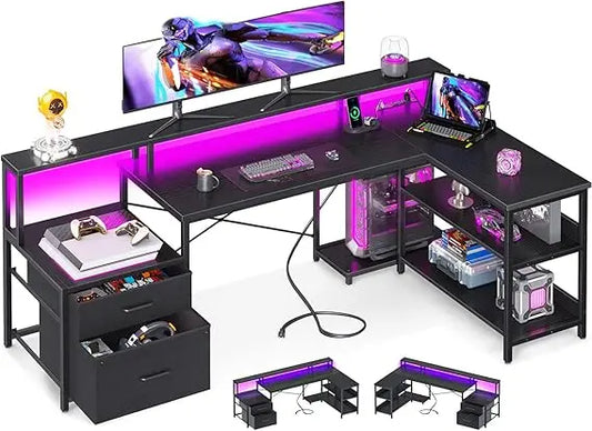 L Shaped Desk with File Drawer and Power Outlet for Home Office