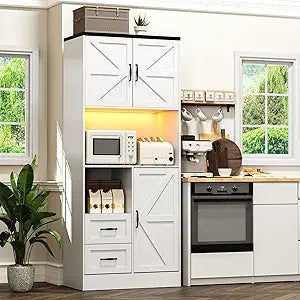 Tall Kitchen Pantry Cabinet with Microwave Stand and Wine Rack