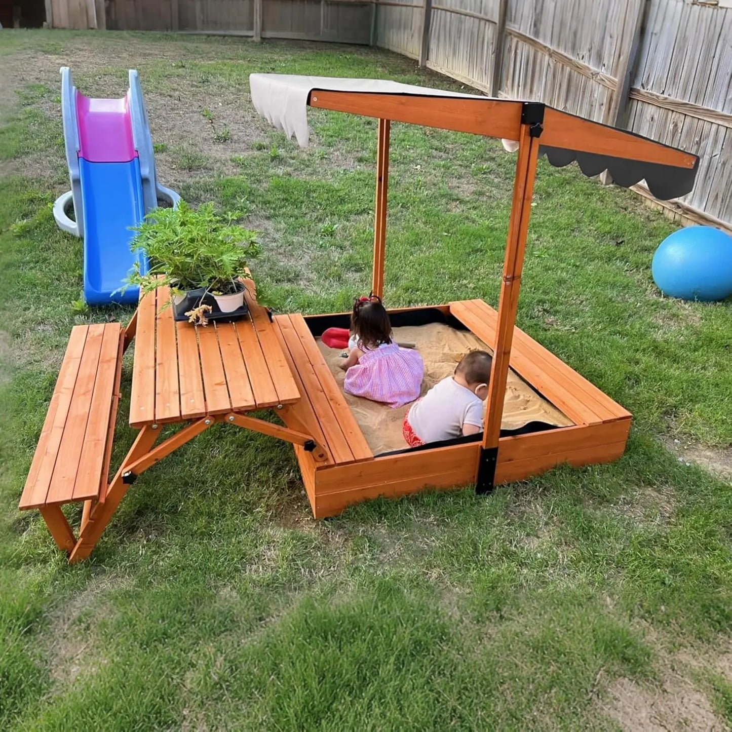 CHENGWEI Wooden Sandbox With Lid And Outdoor Picnic Table