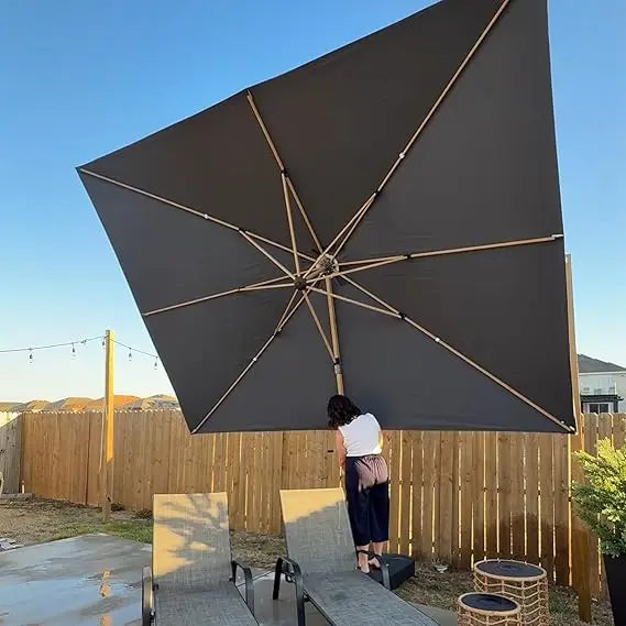 Teak Finished Aluminum Cantilever Umbrella Windproof Patio
