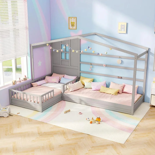ZHUXIANG Shaped Twin Kids Bed Wooden House Platform Bed
